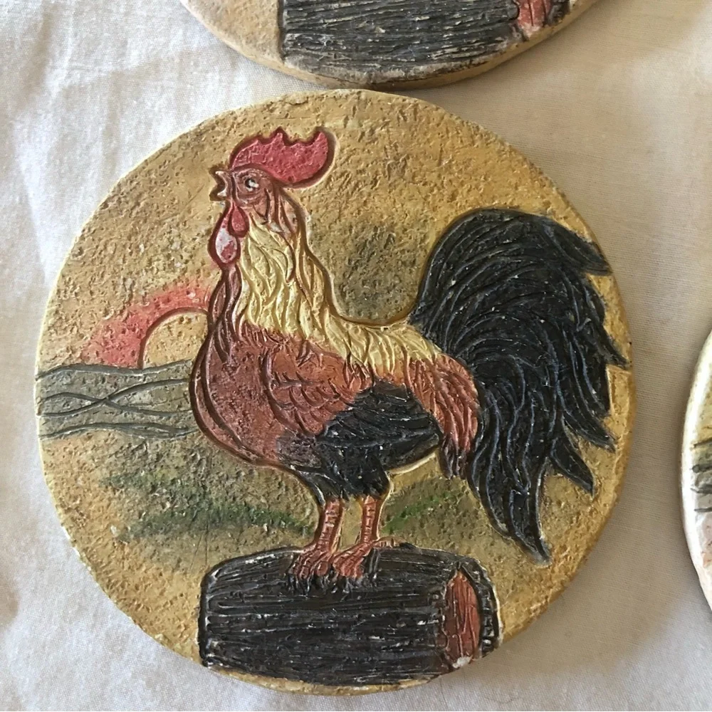 Handpainted Rooster Coaster Set - Rustic Farmhouse Look